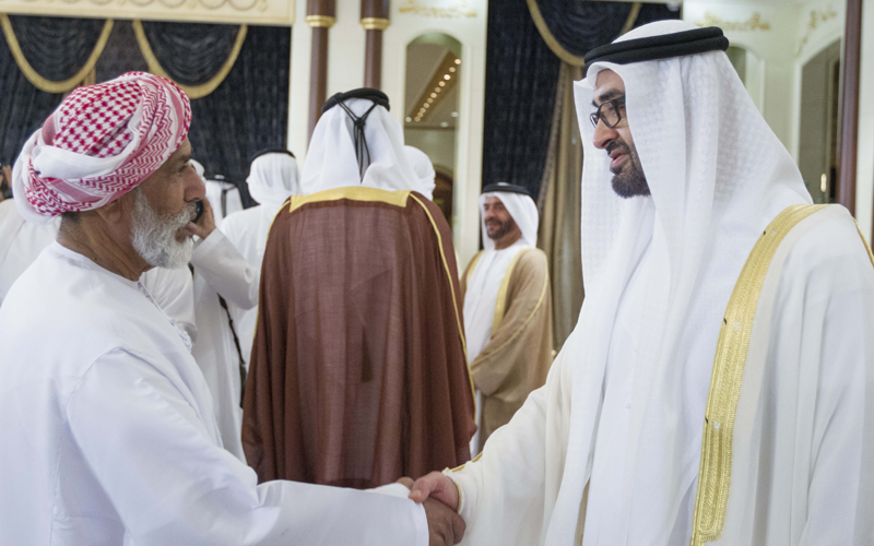 Sheikh Mohammed bin Zayed Al Nahyan receiving an Eid Al Fitr well wisher at Al Mushrif Palace in Abu Dhabi on Thursday. (Wam)
