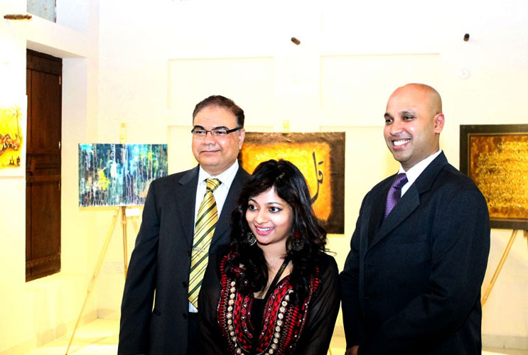 On the opening night...[from left] Organisers - Habib Khan CEO Hospitality, Planet Group with Archana R D Arts & Events Manager, Ahmedia Art Gallery; and Channa Roderigo, F&B Director Arabian Courtyard & Spa (SUPPLIED)