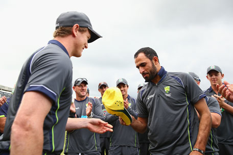 Fawad Ahmed of Australia is awarded his first cap by George Bailey of Australia during the 1st NatWest Series T20 match between England and Australia at Ageas Bowl on August 29, 2013 in Southampton, England. (GETTY)