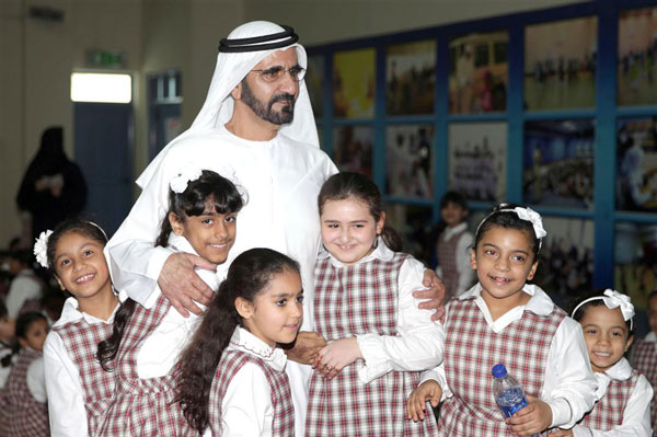 His Highness Sheikh Mohammed bin Rashid Al Maktoum meets children during school inspection in Dubai on Sunday (Wam)