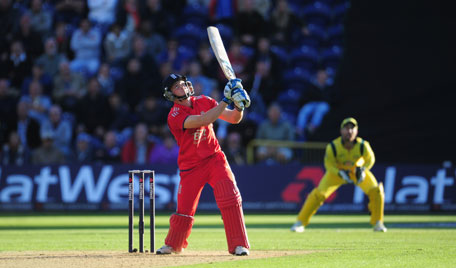 England batsman Jos Buttler hits a six off Mitchell Johnson in the last over during the 4th ODI against Australia at SWALEC Stadium on September 14, 2013 in Cardiff, Wales. (GETTY)