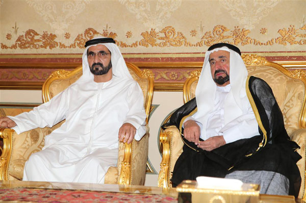 His Highness Sheikh Mohammed bin Rashid Al Maktoum offers condolences to His Highness Dr Sheikh Sultan bin Mohammed Al Qasimi on the death of his sister Sheikha Alia bint Mohammed bin Saqr Al Qasimi. (Wam)