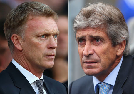 In this composite image a comparison has been made between Manchester United manager David Moyes (left) and Manchester City manager Manuel Pellegrini. (GETTY)