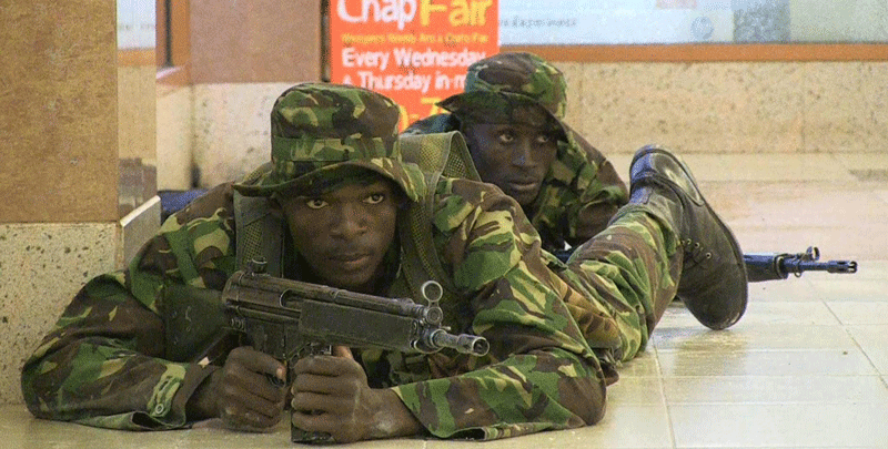 An image grab taken from AFP TV shows Kenyan troops taking position on September 21 inside the Westgate mall in Nairobi. (AFP)