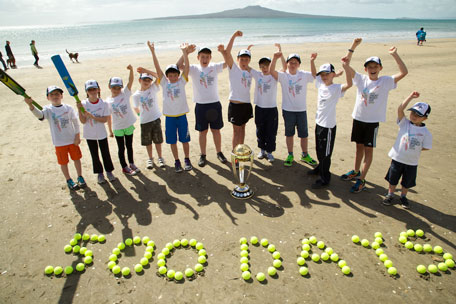Children from North Shore Cricket Club during celebrations to mark 500 days to go until the ICC Cricket World Cup 2015 at Auckland’s Takapuna Beach. (SUPPLIED)