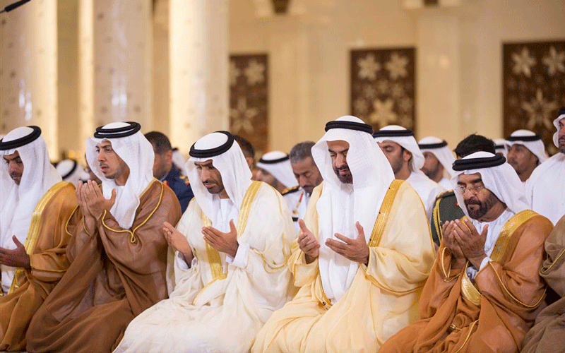 Gen. Sheikh Mohammed bin Zayed offering Eid Al Adha prayers along with other dignitaries in Zayed Grand Mosque on Tuesday morning. (Wam)