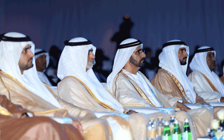Vice President and Prime Minister and Ruler of Dubai, His Highness Sheikh Mohammed bin Rashid Al Maktoum, attends the first session of the seminar to discuss the logo of World Expo 2020 (Wam)