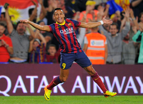 Alexis Sanchez of FC Barcelona celebrates after scoring his team's second goal during the La Liga match against Real Madrid CF at Camp Nou stadium on October 26, 2013 in Barcelona, Spain. (GETTY)