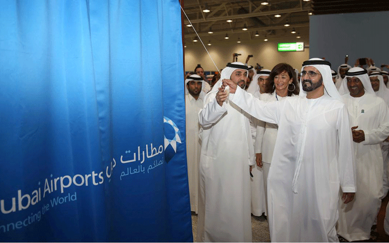 His Highness Sheikh Mohammed bin Rashid Al Maktoum, Vice President and Prime Minister of the UAE and Ruler of Dubai, unveiling a plaque to inaugurate the passenger terminal at Al Maktoum International Airport in Jebel Ali on Sunday. (Wam)