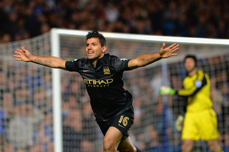 Sergio Aguero of Manchester City celebrates scoring their first goal during the Barclays Premier League match against Chelsea at Stamford Bridge on October 27, 2013 in London, England. (GETTY)