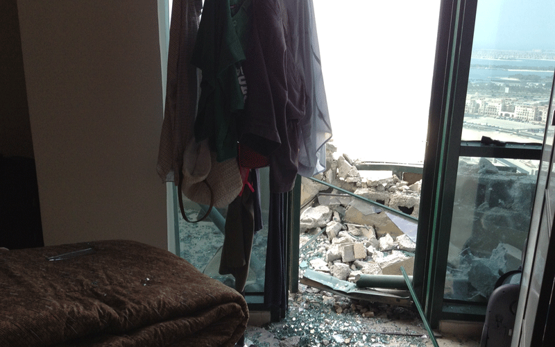 This apartment balcony on the 31st floor was hit by the cradle.