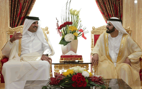 His Highness Sheikh Mohammed bin Rashid Al Maktoum with Sheikh Tamim bin Hamad Al Thani, the Emir of Qatar, at Zabeel Palace in Dubai on Wednesday. (Wam)