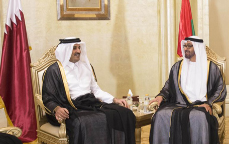 General Sheikh Mohamed bin Zayed Al Nahyan, Crown Prince of Abu Dhabi and Deputy Supreme Commander of UAE Armed Forces, receives HH Sheikh Tamim bin Hamad Al Thani, Emir of Qatar. (Ryan Carter/Crown Prince Court - Abu Dhabi)
