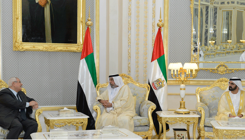 The President His Highness Sheikh Khalifa bin Zayed Al Nahyan and His Highness Sheikh Mohammed bin Rashid Al Maktoum, Vice President and Prime Minister of the UAE and Ruler of Dubai, with Adly Mansour, President of Egypt, at Al Rawda Palace in Al Ain on Thursday. (Wam)
