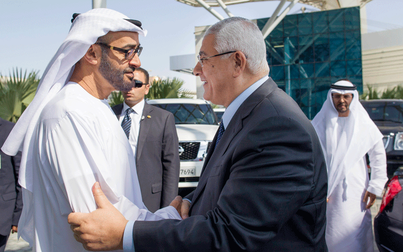 General Sheikh Mohammed bin Zayed Al Nahyan, Crown Prince of Abu Dhabi and Deputy Supreme Commander of the UAE Armed Forces, greets Adly Mansour, President of Egypt, on Thursday. (Wam)