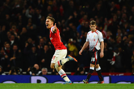 Aaron Ramsey of Arsenal celebrates scoring their second goal during the Barclays Premier League match against Liverpool at Emirates Stadium on November 2, 2013 in London, England. (GETTY)