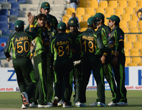 Pakistan's wicket keeper Shahid Afridi (2nd L) celebrates with team-mates after taking a wicket of South African batsman Quinton de Kock (unseen) during the third day-night international in Sheikh Zayed Cricket Stadium in Abu Dhabi on Novemver 6, 2013. South African captain AB de Villiers won the toss and decided to bat in the first. The five-match series is tied at 1-1. (AFP)