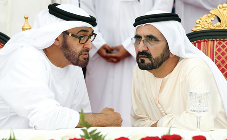 His Highness Sheikh Mohammed and Sheikh Mohammed bin Zayed at the Dubai Air Show. (Al Bayan)
