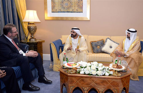 His Highness Sheikh Mohammed bin Rashid Al Maktoum receives James C. Smith, CEO, President and Director, Thomson Reuters, in Dubai today (Wam)