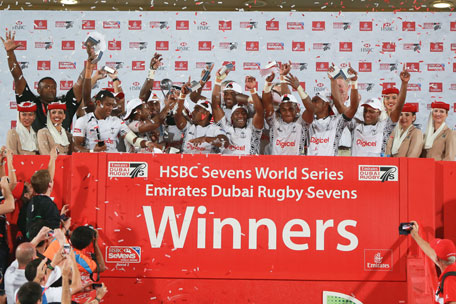 Fiji lift the Trophy aloft after winning the Emirates Dubai Rugby Sevens, the second round of the HSBC Sevens World Series, on November 30, 2013 in UAE. (GETTY)