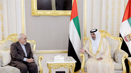 His Highness Sheikh Khalifa bin Zayed Al Nahyan meets Iranian Foreign Minister Mohammad Javad Zarif at Al Rawda Palace in Al Ain today. (Wam)