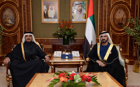 His Highness Sheikh Mohammed bin Rashid Al Maktoum receives Emir of Qatar His Highness Sheikh Tamim bin Hamad Al Thani (Wam)