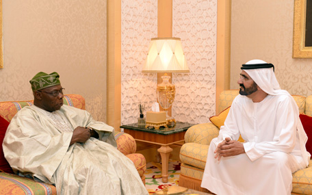 His Highness Sheikh Mohammed bin Rashid Al Maktoum receives former President of Nigeria Olusegun Obasanjo (Wam)