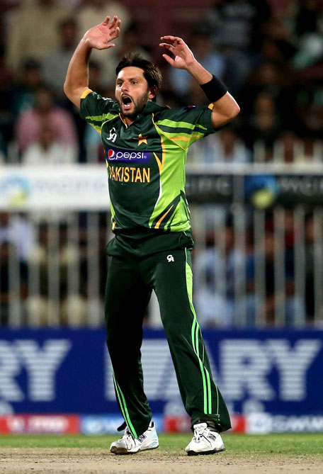 Shahid Afridi of Pakistan reacts during the first One-Day International between Sri Lanka and Pakistan at the Sharjah Cricket Stadium on December 18, 2013 in UAE. (GETTY)
