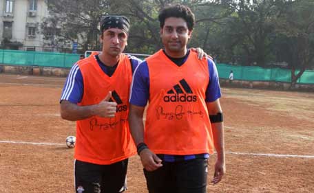 Bollywood actor Ranbir Kapoor (L) and Abhishek Bachchan during their football practice session. (Pic: ASFC)