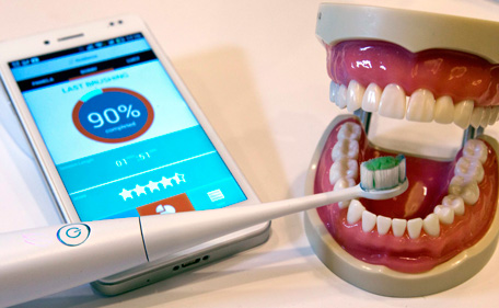 A Kolibree connected electric toothbrush is displayed during the 2014 International Consumer Electronics Show (CES) in Las Vegas, Nevada, January 8, 2014. The smart toothbrush uses an accelerometer, gyroscope and magnetometer to track how well users brush their teeth. The French company expects the toothbrush will be available in the third quarter of 2014 and retail for $99.00 to $199.00 depending on the model. (REUTERS)