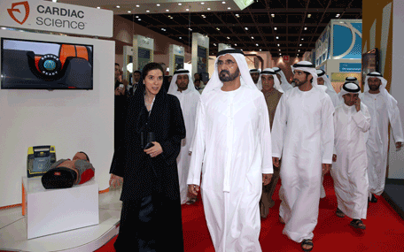 His Highness Sheikh Mohammed bin Rashid Al Maktoum visits the 39th Arab Health Exhibition & Congress at the Dubai International Convention & Exhibition Centre (Wam)