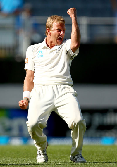 Neil Wagner is pumped after dismissing Zaheer Khan on the fourth day of the first Test between New Zealand and India at Eden Park in Auckland on February 9, 2014. (GETTY)