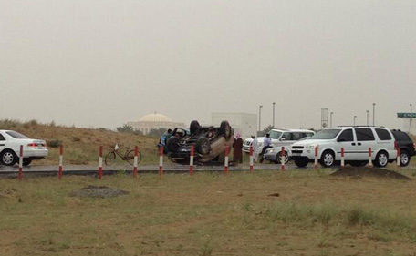 Emirates 24|7 reader Umar tweeted this pic of of a gold-coloured sedan that flipped over near the Enoc petrol pump at exit from Ring Road to Maliha Road.