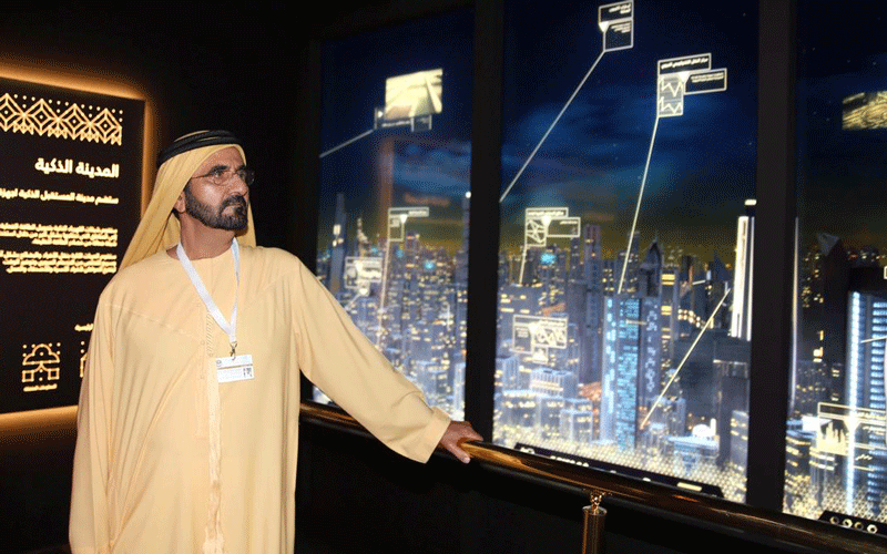 His Highness Sheikh Mohammed bin Rashid Al Maktoum at the exhibition of future government services in Dubai on Sunday.(Wam)