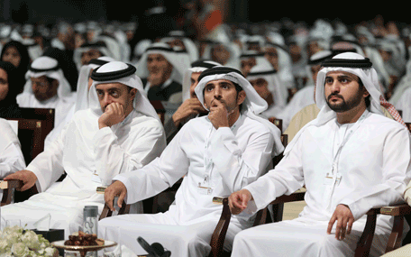 Sheikh Hamdan bin Mohammed, Crown Prince of Dubai, and Sheikh Maktoum bin Mohammed, Deputy Ruler of Dubai, at the second Government Summit in Dubai on Monday. (Wam)