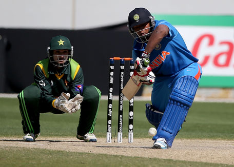 Sarfaraz Khan of India bats during the ICC U19 Cricket World Cup 2014 match between India and Pakistan at the Dubai International Stadium on February 15, 2014 in Dubai, UAE. (IDI via Getty Images)