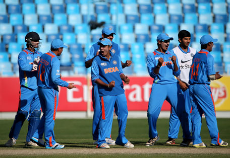 Players of India celebrate after dismissing Kamran Ghulam of Pakistan during the ICC U19 Cricket World Cup 2014 match between India and Pakistan at the Dubai International Stadium on February 15, 2014 in Dubai, UAE. (IDI via Getty Images)