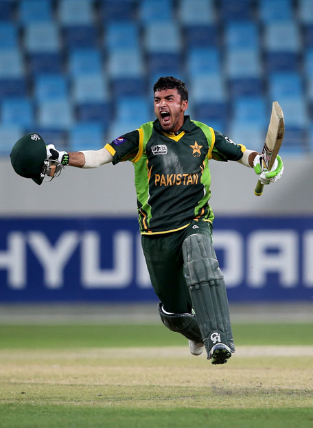 Zafar Gohar of Pakistan celebrates after winning the ICC U19 Cricket World Cup 2014 semifinal between England and Pakistan at the Dubai International Stadium on February 24, 2014 in UAE. (IDI/GETTY)