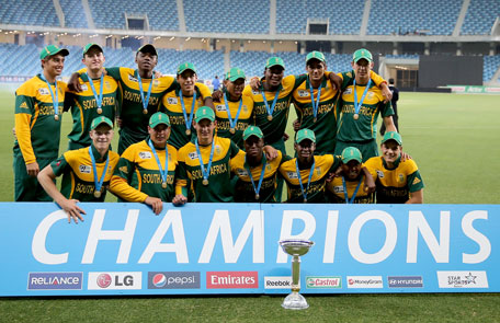 South Africa celebrates after winning the ICC U19 Cricket World Cup 2014 Super League Final against Pakistan at the Dubai International Stadium on March 1, 2014 in Dubai, UAE. (IDI/GETTY)