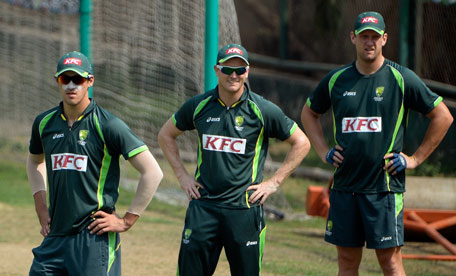 Australian players (from left) Mitchell Starc, George Bailey and Cameron White attend a practice session at the Sher-e-Bangla National Cricket Stadium in Dhaka on March 22, 2014. (AFP)