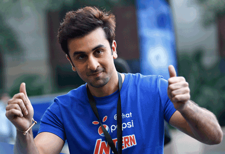 Indian Bollywood actor Ranbir Kapoor displays thumbs-up sign during a promotional event of soft drink major PepsiCo in Bangalore, India, Wednesday, Feb. 12, 2014. (AP)