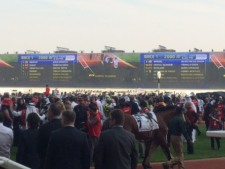The huge crowd at Meydan gears up for the start of the first race at the Dubai World Cup. (Ajanta Paul)