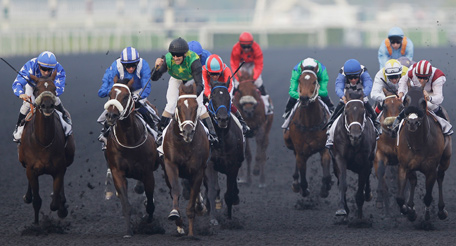 Variety Club from South Africa, 3rd left, ridden by Anton Marcus, crosses the finish line to win the Godolphin Mile, a race held during the Dubai World Cup horse races at Meydan Racecourse in Dubai, United Arab Emirates, Saturday, March 29, 2014. (AP)