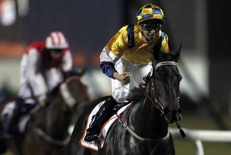 Brazilian jockey Joao Moreira celebrates after winning the Dubai Golden Shaheen race on the horse Sterling City during the Dubai World Cup at the Meydan race track in the Gulf Emirate on March 29, 2014. A cosmopolitan gathering of horses from seven different countries contest the US$10 million Emirates Dubai World Cup.  (AFP)