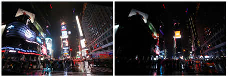 A combination picture shows Times Square before (L) and during Earth Hour in New York March 29, 2014. Lights go off around the world at 8.30pm local time in a show of support for renewable energy during Earth Hour, an event organised since 2007 to promote a sustainable future for the planet. (REUTERS)