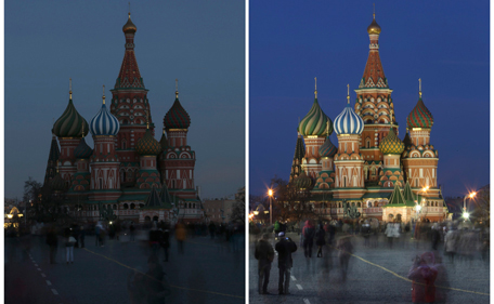 A combination picture shows St. Basil's Cathedral before (R) and during Earth Hour in Moscow March 29, 2014. Earth Hour, when everyone around the world is asked to turn off lights for an hour from 8.30 p.m. local time, is meant as a show of support for tougher action to confront climate change. (REUTERS)