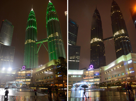 A combination of two pictures shows the Petronas towers in Kuala Lumpur before and after the lights were switched off for earth hour on March 29, 2014. Lights went off in thousands of cities and towns across the world on for the annual Earth Hour campaign, which is aiming to raise money via the Internet for local environmental projects. (AFP)
