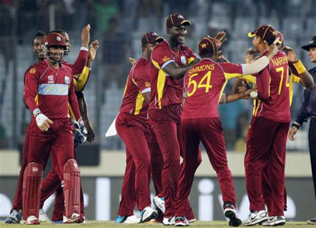 West Indies' players celebrate their victory against Pakistan after their ICC Twenty20 World Cup match at the Sher-E-Bangla National Cricket Stadium in Dhaka April 1, 2014. (REUTERS)