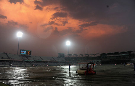 The covers cover the field as a rain shower delays the start the ICC World Twenty20 Bangladesh 2014 Final between India and Sri Lanka at Sher-e-Bangla Mirpur Stadium on April 6, 2014 in Dhaka, Bangladesh. (GETTY)