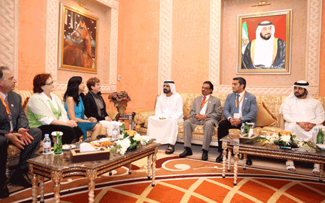 His Highness Sheikh Mohammed bin Rashid Al Maktoum receives chairmen of regional and international dermatological associations taking patrt in 'Dubai Derma' exhibition. (Wam)